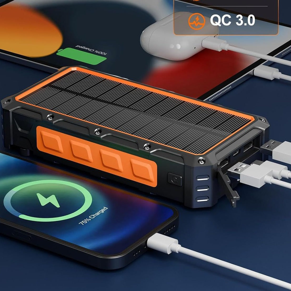 99. Praktisk powerbank med solpanel, vev och lampa